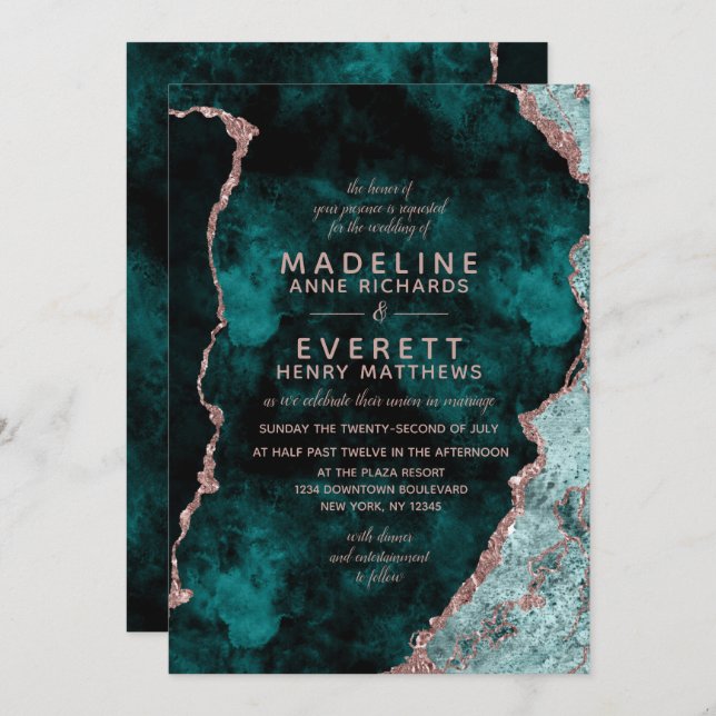 Peacock Green & Rose Gold Foil Agate Wedding Invitation (Front/Back)