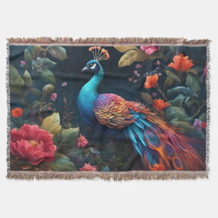 Peacock In a Colourful Rose Garden Throw Blanket