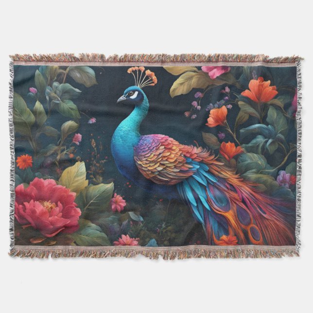 Peacock In a Colourful Rose Garden Throw Blanket (Front)