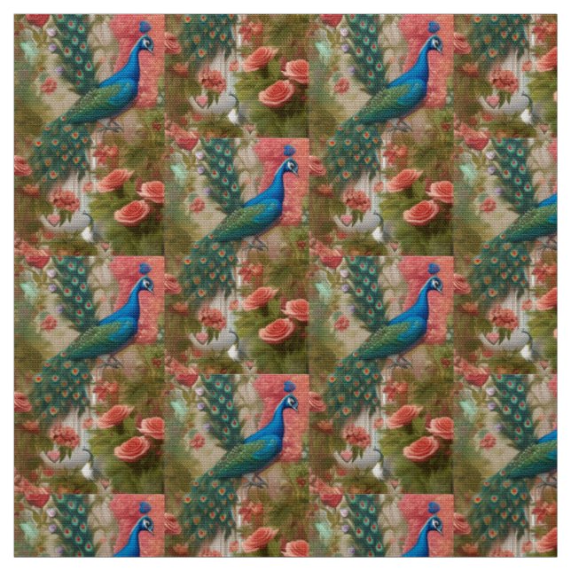 Peacock in Apricot Rose Garden Fabric (Swatch)