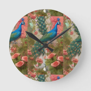 Peacock in Apricot Rose Garden   Round Clock