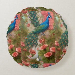 Peacock in Apricot Rose Garden   Round Cushion