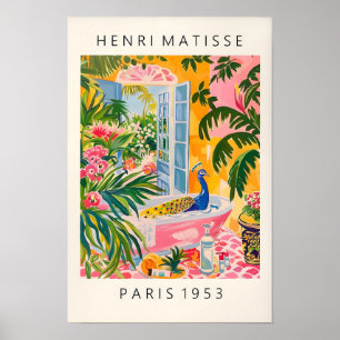Peacock In Bathtub Art Print, Pink Maximalist Deco Poster