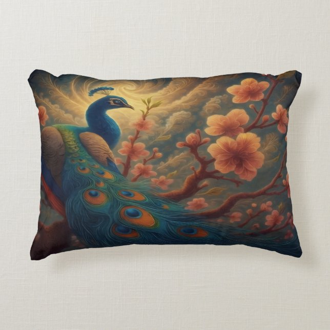 Peacock in Blossom Decorative Cushion (Front)