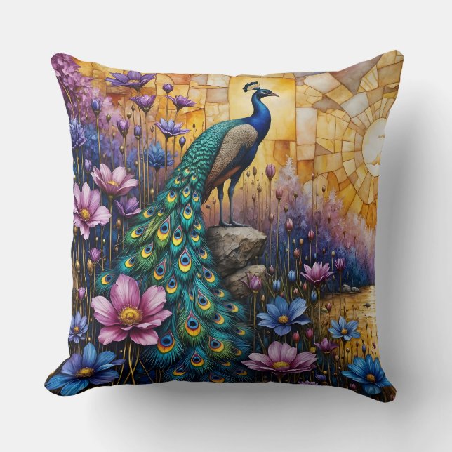 Peacock in Floral Landscape Cushion (Front)