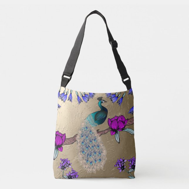 Peacock In Gold Crossbody Bag (Front)