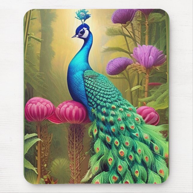 Peacock in Pink Garden Forest  Mouse Pad (Front)