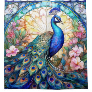 Peacock in Stained Glass and Watercolor Shower Curtain