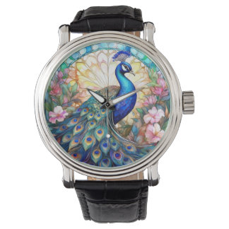 Peacock in Stained Glass and Watercolor Watch