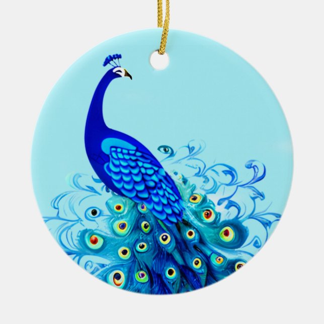 Peacock in Turquoise and Cobalt Blue Ceramic Tree Decoration (Front)