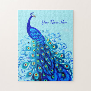 Peacock in Turquoise and Cobalt Blue Jigsaw Puzzle