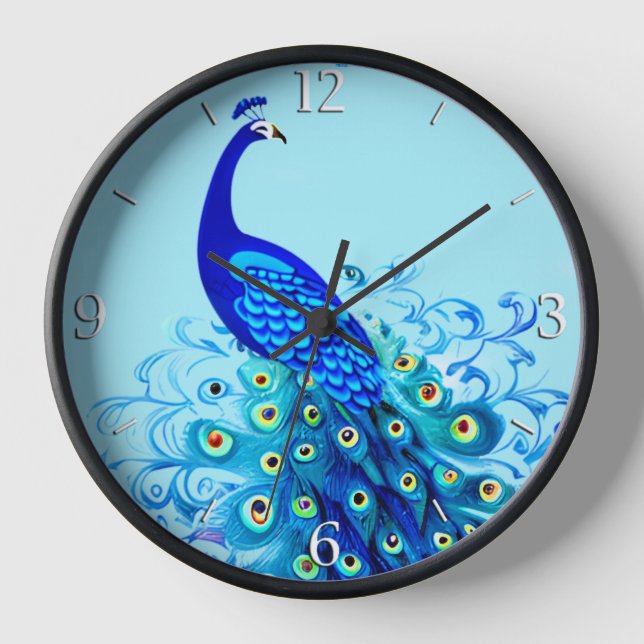 Peacock in Turquoise, Cobalt Blue and Aqua  Clock (Front)