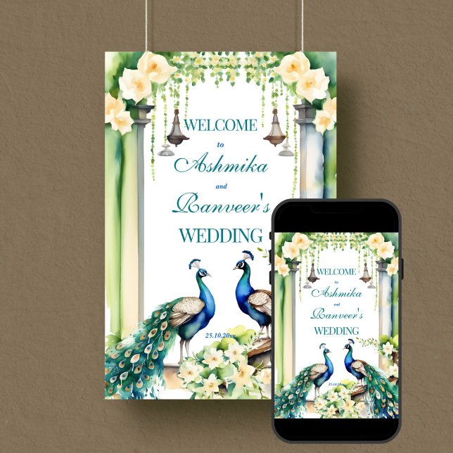 Peacock  jasmine Indian wedding welcome sign (Peacock jasmine Indian wedding welcome sign editable template digital download gajra garlands arch)