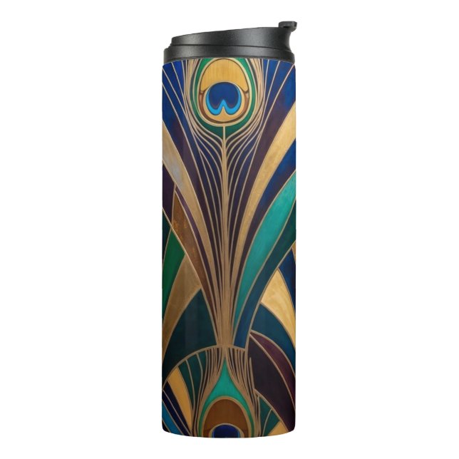 Peacock Jewel Tone Art Deco Feather Thermal Tumbler (Rotated Left)