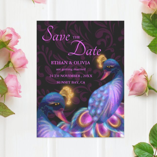 Peacock Jewel Tones Wedding Floral Moody purple Save The Date (Creator Uploaded)