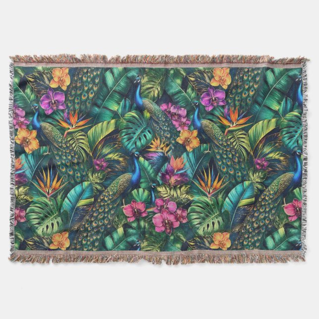 Peacock Jungle Dreams Seamless Surface Pattern Throw Blanket (Front)
