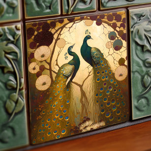 Peacock Klimt Gold Green Wall Decor Art Nouveau Tile