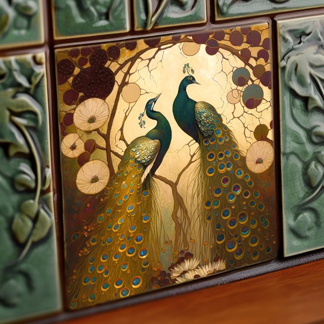 Peacock Klimt Gold Green Wall Decor Art Nouveau Tile (Creator Uploaded)