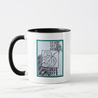 Peacock & Leaf Blk & Whit Ink Turquoise Border Mug