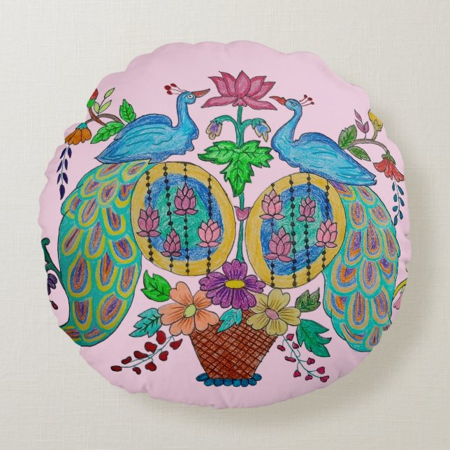 Peacock Lotus Folk Art  Round Cushion (Front)