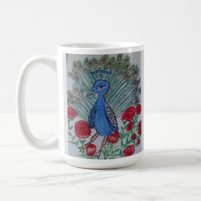 Peacock love rose drawing  coffee mug (Left)