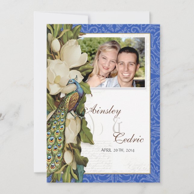 Peacock Magnolia Floral Swirl Damask Wedding Invitation (Front)