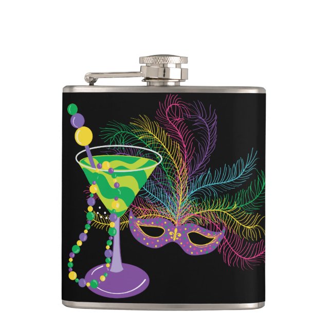 Peacock Mask and Martini Mardi Gras Hip Flask (Front)