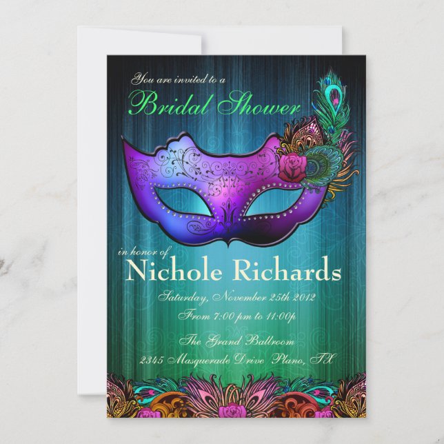 Peacock Masquerade Bridal Shower Invitation (Front)