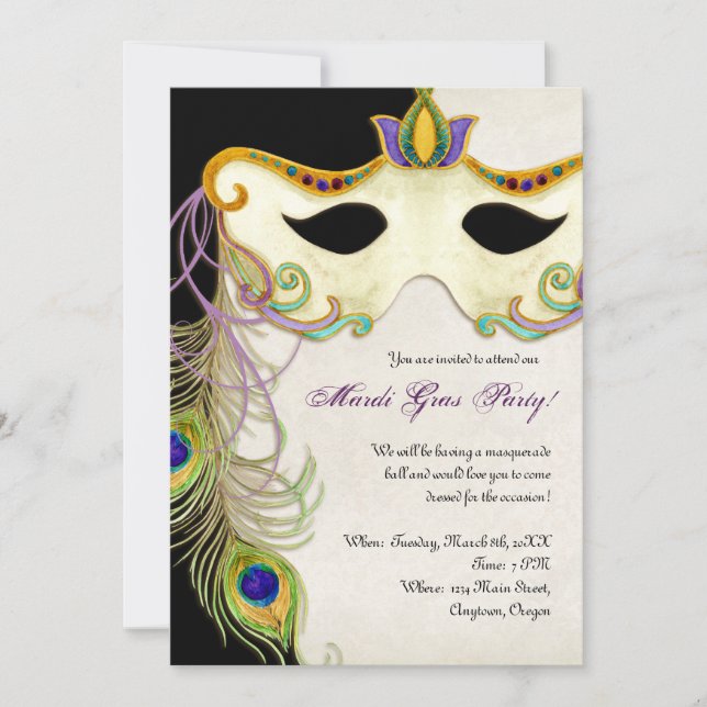 Peacock Masquerade Mask Ball - Mardi Gras Party Invitation (Front)