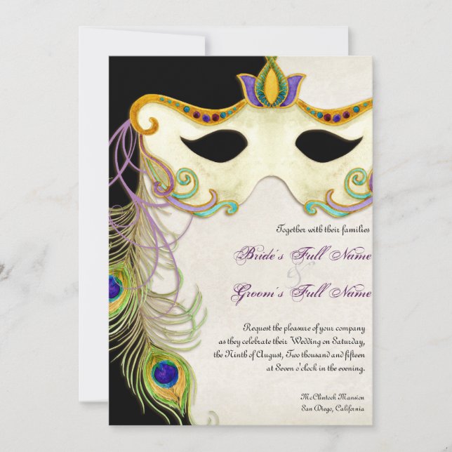 Peacock Masquerade Mask Ball - Wedding Invitation (Front)