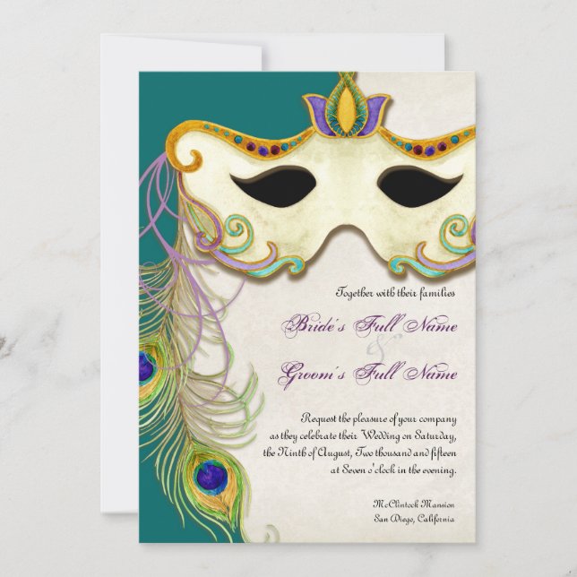 Peacock Masquerade Mask Ball - Wedding Invitation (Front)