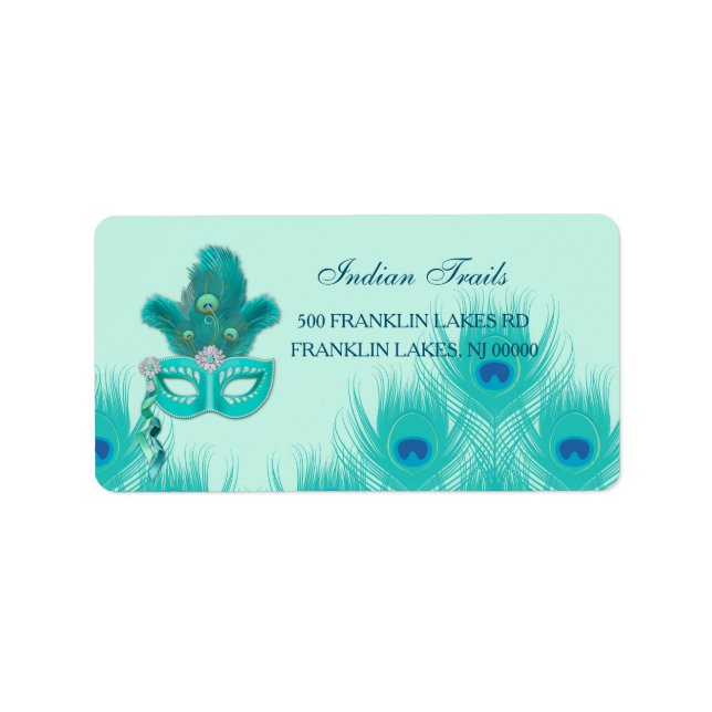 Peacock Masquerade Party Ball Turquoise Feathers Label (Front)
