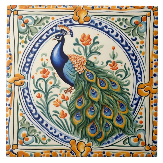 Peacock Mediterranean Yellow & Blue Folk Floral Tile (Front)