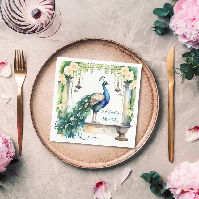 Peacock Mehndi  jasmine Indian wedding tableware Napkin (Peacock and jasmine mehndi tableware personalized napkins Indian wedding custom napkins henna napkin)