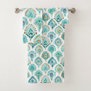 PEACOCK MERMAID Aqua Nautical Scales and Feathers Bath Towel Set