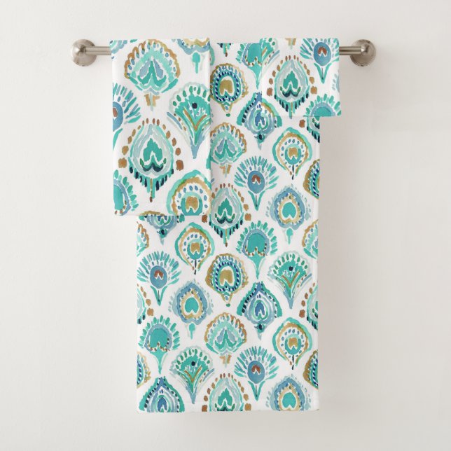 PEACOCK MERMAID Aqua Nautical Scales and Feathers Bath Towel Set (Insitu)