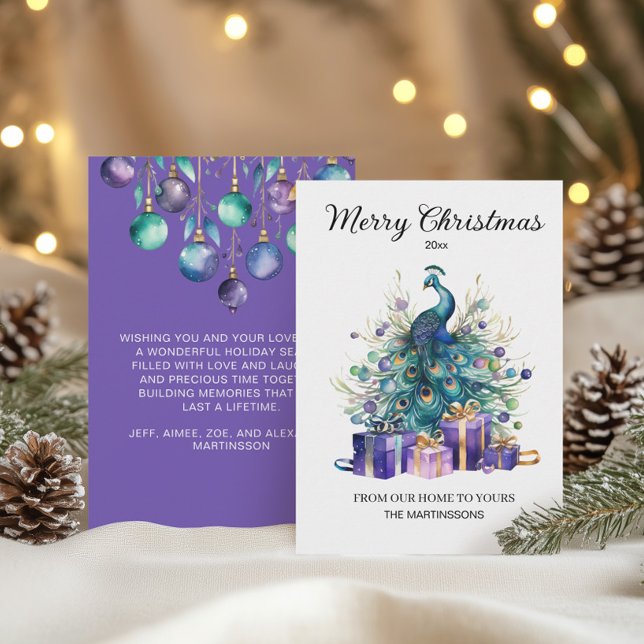Peacock Merry Christmas Purple Blue Teal Holiday Card (Peacock Christmas greeting card)