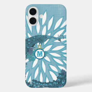 Peacock Monogram Modern Flower Teal iPhone 16 Plus Case
