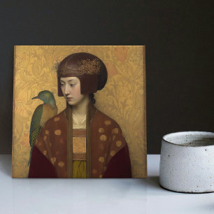 Peacock Morris Gold Burgundy Art Nouveau Portrait Tile
