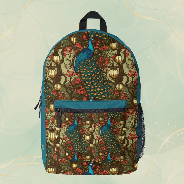 Peacock n Lanterns Persian Teal Plum Initials Printed Backpack (Creator Uploaded)