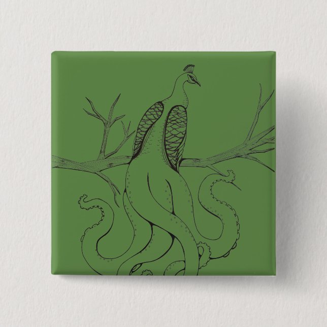 Peacock on a branch 15 cm square badge (Front)
