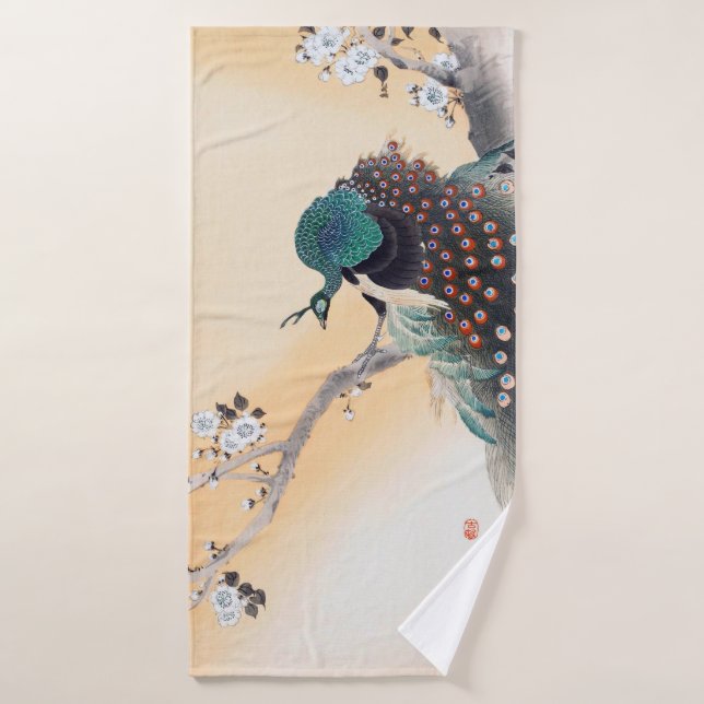 Peacock on a Cherry Blossom Tree, Ohara Koson Bath Towel (Bath Towel)