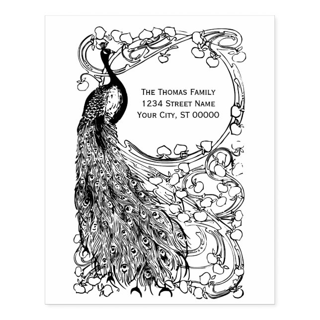 Peacock on a Circular Flower Covered Branch Rubber Stamp (Imprint)