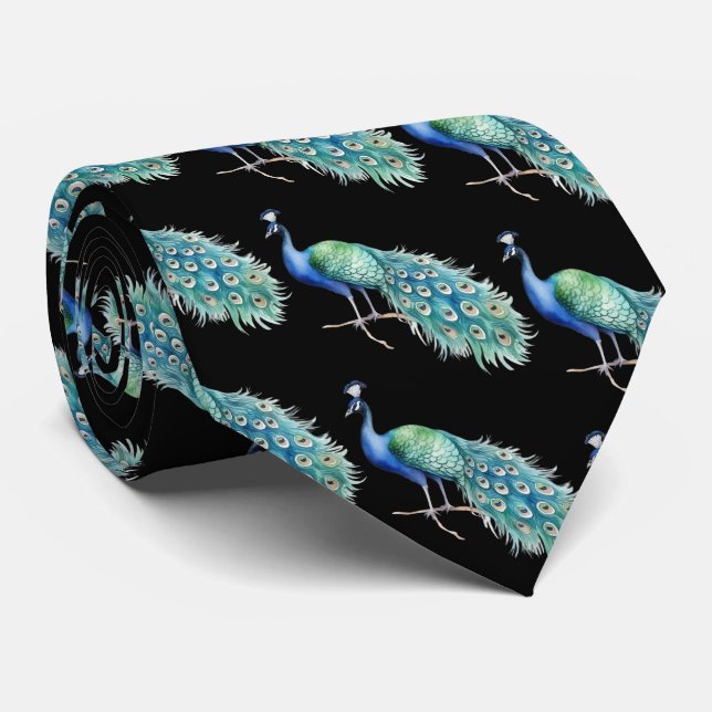 Peacock on Black Background Neck Tie (Rolled)