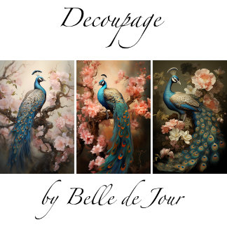 Peacock on flower branches, decoupage wrapping paper sheet