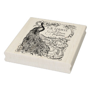 Peacock on Flower Covered Branch Ex Libris Rubber Stamp
