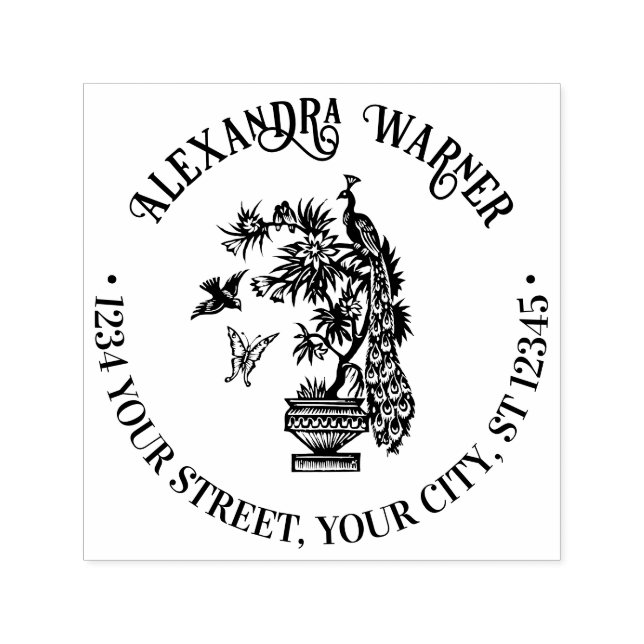 Peacock on Plant Butterfly Bird Name Address Self-inking Stamp (Design)