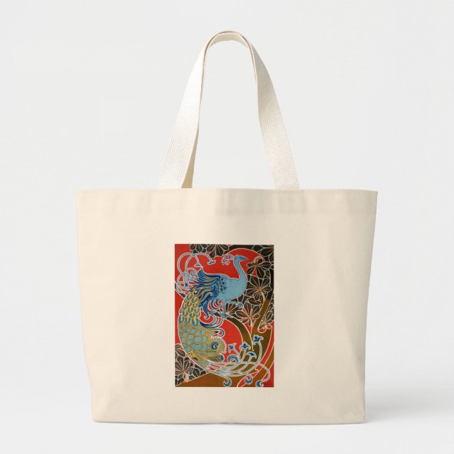 Peacock on Red Large Tote Bag (Front)