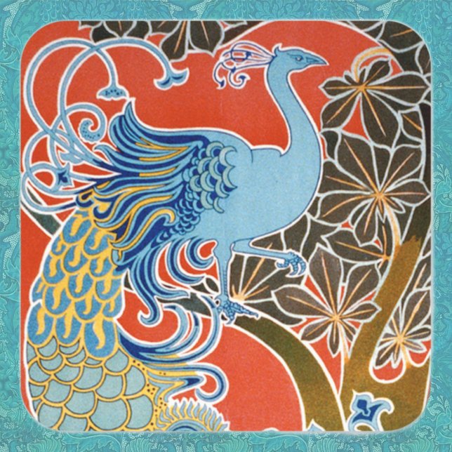 Peacock on Red Square Sticker (Creator Uploaded)