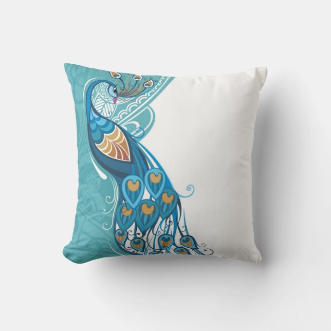 Peacock on Teal Illustration Cushion (Front)